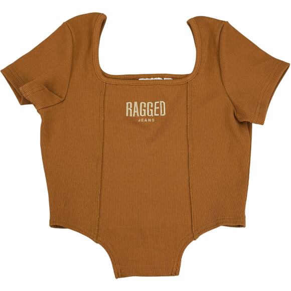 THE RAGGED PRIEST Corset Hem Squard Neck Ribbed Crop Top Sz 6 Brown Orange - Picture 3 of 7